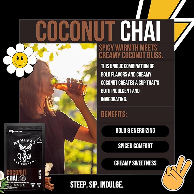 Revival Tea Company Coconut Chai Tea - Black Tea Blend with Fresh Spiced Chai and Coconut Flavor - Loose Leaf 8 Ounces