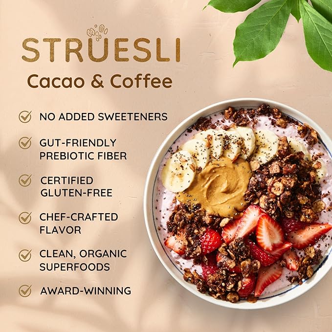 Struesli Cacao + Coffee Organic Granola, Grain & Gluten Free, Healthy Snacks with Cacao, Coffee, Tiger Nuts, Pecans, Walnuts, Hemp Hearts & Coconut Flakes, Plant Based, Keto & Paleo Friendly, 9 Oz