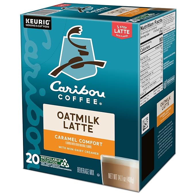 Caribou Coffee Caramel Comfort Oatmilk Latte, One Step Latte Single Serve Keurig K-Cup Pods, 20-Count Box