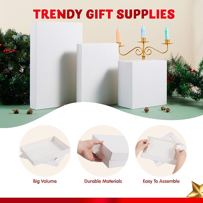JOYIN 12PCS Christmas White Gift Boxes with Lids for Presents, 4" Deep Large Shirt Robe Wrapping Box, 4 Different Sizes Holiday Festive Lingerie Cupcake DIY Kraft Cardboard Boxes