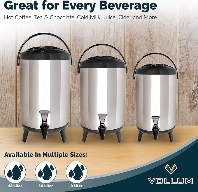 Stainless Steel Insulated Beverage Dispenser – Insulated Thermal Hot and Cold Coffee Carafe – 12 Liter Drink Dispenser with Spigot for Hot Water, Tea & Coffee, Cold Milk, Juice & More BLACK