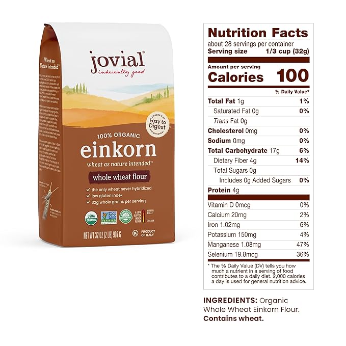 Jovial Organic Einkorn Whole Wheat Flour - Bread Baking Flour for Sourdough, High Protein, Non-GMO, Organic Pizza & Pasta Flour, European Italian Flour, Glyphosate Free - 2 Lb, 3 Pack
