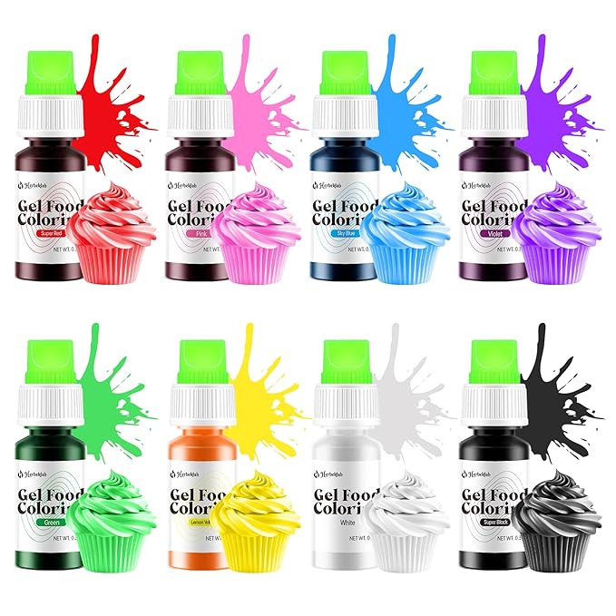 Gel Food Coloring 8 Colors x 0.35 oz Concentrated Gel Based Food Dye Vibrant Icing Colors Neon Food Coloring for Baking Cake Decorating Cookies Fondant, 10g / Bottle