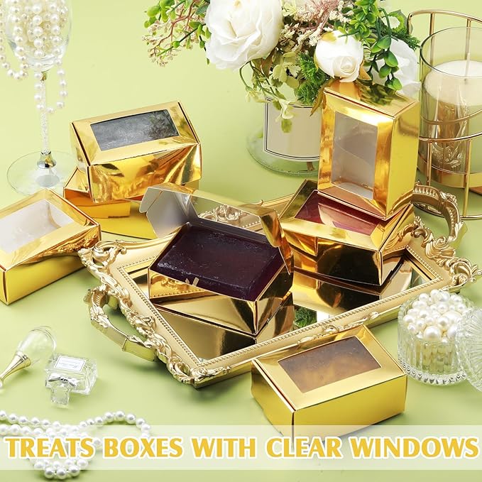 Zonon 30 Pcs Soap Boxes for Homemade Packaging, Mini Kraft Treat Boxes with Window for Bakery Candy Soap Making Gift Packaging(3.7 x 2.6 x 1.37 Inch,Gold)