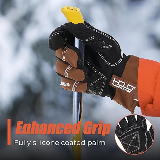HANDLANDY Winter Insulated Work Gloves, 3M Thinsulate Thermal Water-Resistant Gloves for Men Women Touch Screen, Warm Ski Snowboard Cold Weather Gloves (Brown, Large)