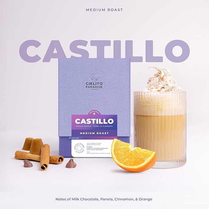 Cielito Paradise Castillo Coffee - Medium Roast Whole Bean from Huila Colombia, Silky with Milk Chocolate, Panela, Cinnamon & Orange, 12oz