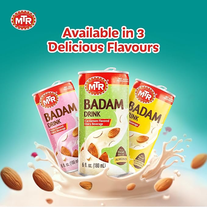 MTR Badam Drink - Cardamom Flavored, Ready-to-Drink - Authentic Indian Almond Milk Beverage, Real Bits of Almond, No Added Preservatives, Gluten-Free, Refreshing Drink, Perfect for Anytime Refreshment, Pack of 6