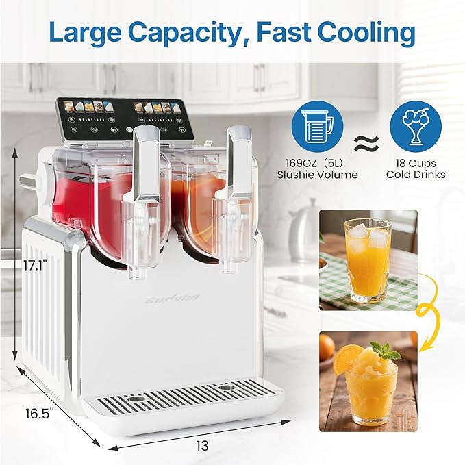 Dual-Tank Frozen Drink & Slushie Machine: 169oz Capacity Slush Maker with Rapid Chill Technology, 5 Beverage Modes, Self-Cleaning Function, ETL Certified, White