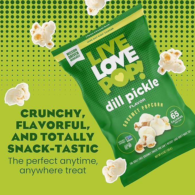 Live Love Pop Dill Pickle Flavored Gourmet Popcorn, 4.4 Oz (Pack of 6), Healthy Snack, Gluten Free, Vegan & Non-GMO, Mission Driven Munchies