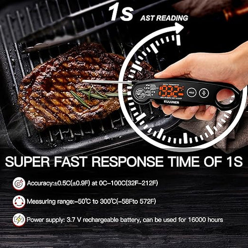 1-Second Rapid and Accurate Meat Thermometer - Waterproof Multifunctional Kitchen Food Thermometer, Ideal for Frying, Smoking, Grilling and More (Black)