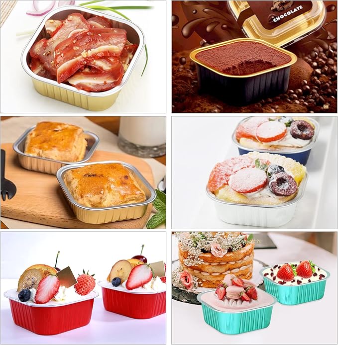 120pack/10oz Mini Cake Foil Pans with Lids,LNYZQUS 4”x4” Large Cupcake Pan Disposable Ramekins,Small Brownie Baking Cups Square Muffin Tin Cheesecake Containers Holders-Pink