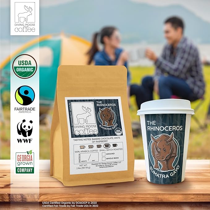 Diving Moose Coffee - The Rhinoceros Sumatra Gayo USDA Organic Medium Dark Roast (32oz / 2 LB) - Bakers Chocolate Raspberry Specialty Grade Small-Batch Roasted to Order Smooth Not Bitter