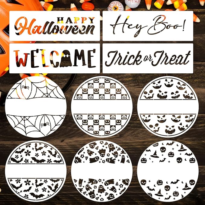 Halloween Stencils for Painting 12inch Large Reusable Halloween Stencil for Door Hanger Round Skeleton Ghost Boo Templates for Wood Walls Windows Door Mat Fabric