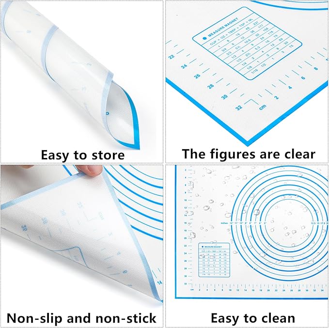 Baking Mats Silicone Kitchen Counter Dough Rolling Mat,Anti-slip Silicone Dough Mat with Measurement,24 x 16 Inches (Blue)