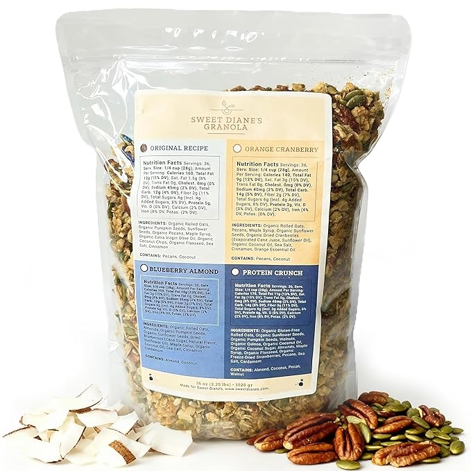 Sweet Diane’s Granola – Family Size (36 oz) Original Recipe Organic Granola, Low-Sugar, High-Fiber, Gluten-Free, Vegan, Delicious Breakfast and Snack Topper