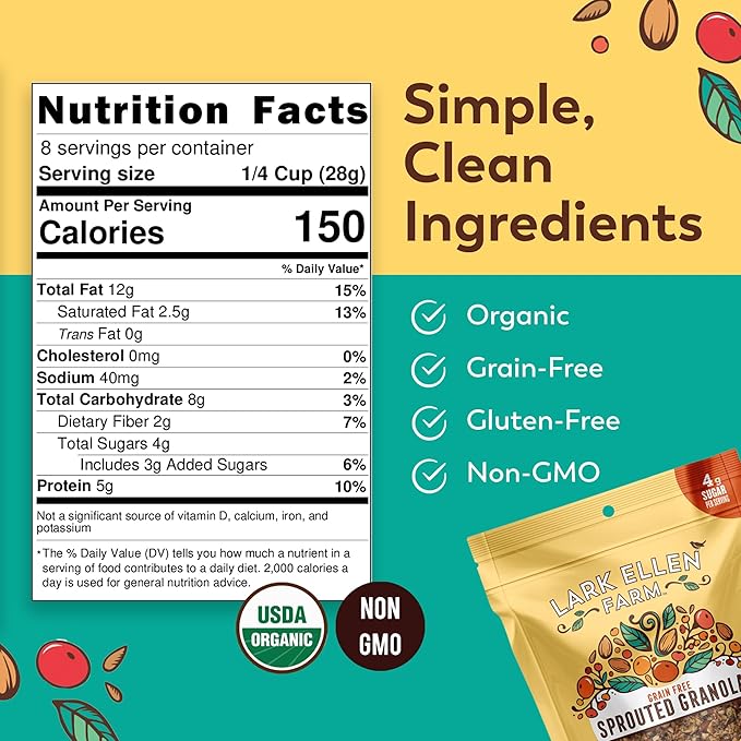 Lark Ellen Farm Vanilla Cinnamon Granola Clusters, Gluten Free, Vegan, Certified Organic, Low Sugar Healthy Snack for Cereal, Yogurt, or With Honey 8 oz - 3 Pack