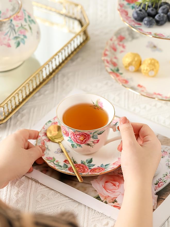 Bone China Tea Set, Vintage Floral Coffee Cups and Tea Sets, Porcelain Tea Set With Teapot for Women Tea Party British, Christmas Gifts(Pink)