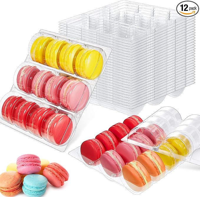 Sherr 12 Pcs Macaron Boxes Clear Plastic Macaron Storage Containers Macaroon Packaging Display Trays for Cookie, Wedding, Party Gifts