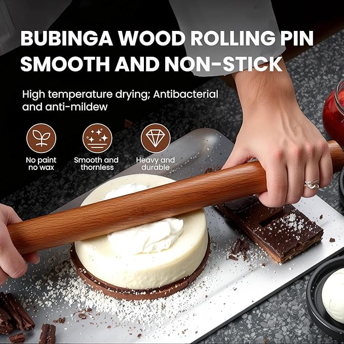 Natural High-Density Solid Bubinga Wood French Rolling Pin | 50% Heavier than Sapele pins | Less Effort | Perfect for Pies, Pastry & Cookies | Protective Fabric Sleeve - Ideal Baking Gift.