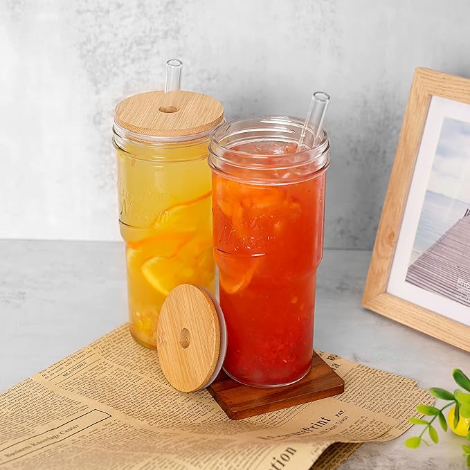 ANOTION Glass Cups with Lids and Straws, 24 oz Travel Coffee Mug Wide Mouth Mason Jar Iced Coffee Cup Smoothie Cup Glass Tumbler Tea Cup Clear Cups Cute Water Cups Drinking Glasses 3 Packs