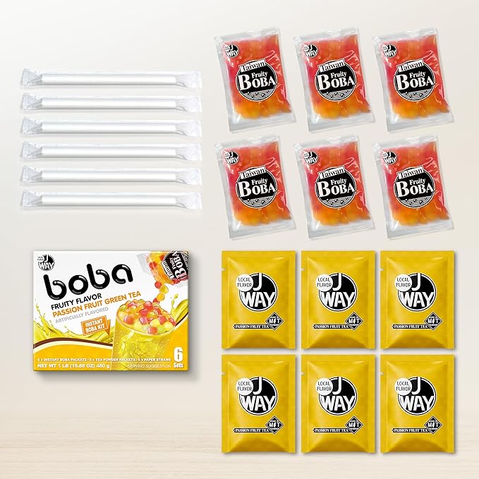 J WAY Instant Passionfruit Pineapple Green Tea Kit with Authentic Fruity Colorful Tapioca Boba, Ready in Under One Minute, Paper Straws Included - 6 Servings