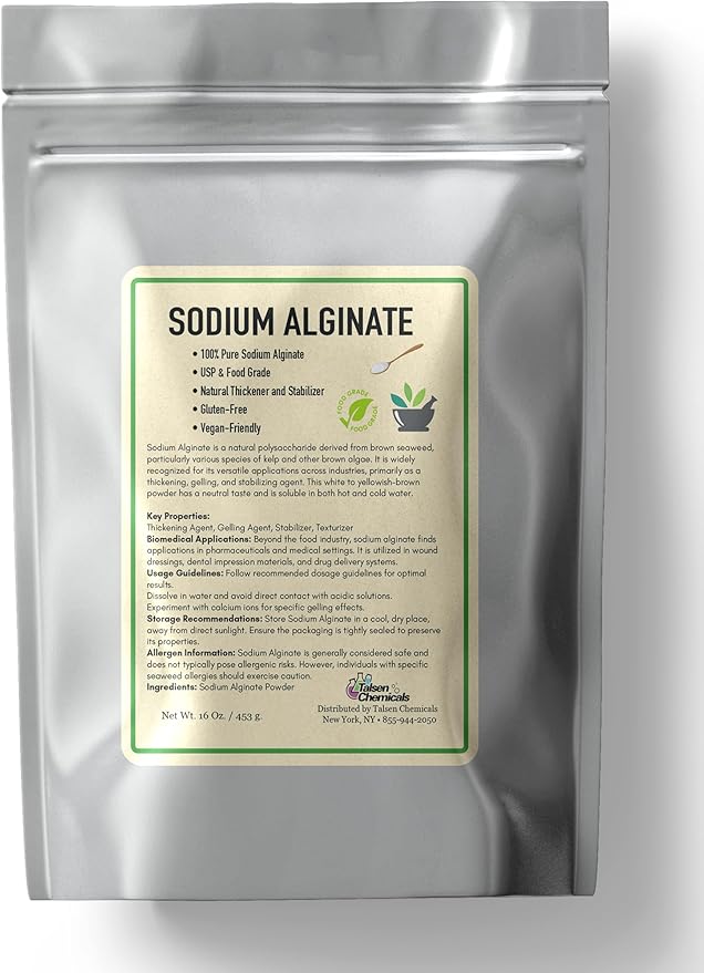 Sodium Alginate (16 Ounce / 453 Grams) Pure Sodium Alginate Powder Food Grade Powder for Thickening, Perfect for Making Luxurious Caviar Spheres, Desserts, Meatloaves by Talsen Chemicals