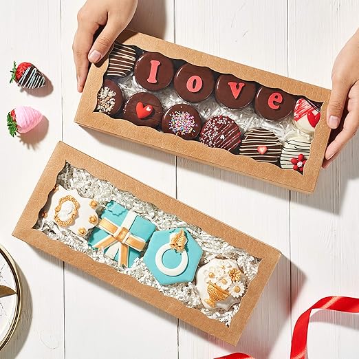 24PCS 12 x 5 x 1.5 inches Auto-Popup One Piece Premium Cookies Boxes, Kraft Brown Macaron Boxes Packaing, Bakery Box for Holiday Cookie Gift Sets
