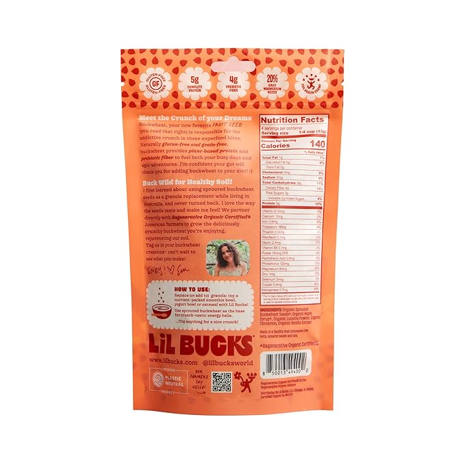 Lil Bucks Sprouted Regeneratively Grown Buckwheat Seeds– Paleo Cereal, Gluten-Free Granola, High in Protein, Low Sugar, Organic Superseed Crunch (CINNAMON, 1 Pack)