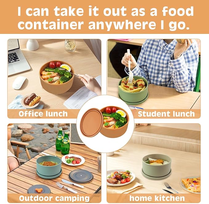 XU&PEIQI 24oz Silicone Lunch Box, Round Small Salad Bowl with Lid, Airtight Food Container for Meal Prep, Leftovers, Soup & Stew Storage. Microwave, Fridge, Dishwasher Safe. BPA-Free.(Ocean blue)
