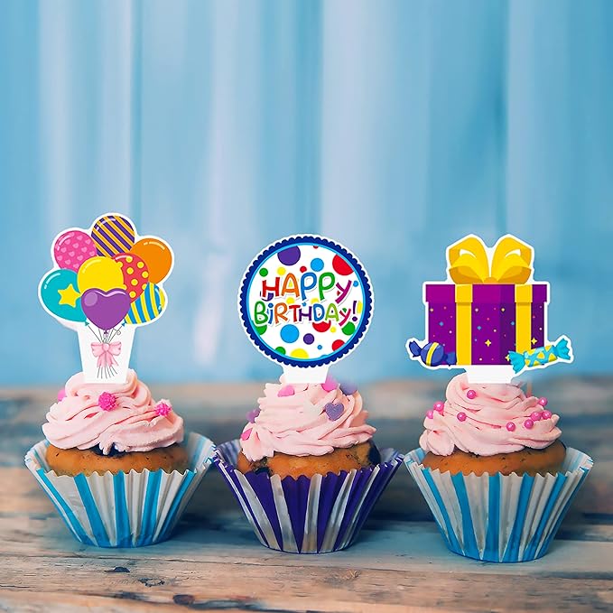 48pcs Happy Birthday Cupcake Toppers Colorful Birthday Cupcake Picks Decorations for Boy Girl Birthday Party Supplies