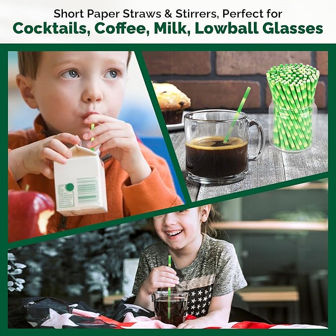 5.75 inch Short Bamboo Paper Straws & Stirrers for Cocktail and Coffee - 100% Biodegradable and Compostable [500 Counts]