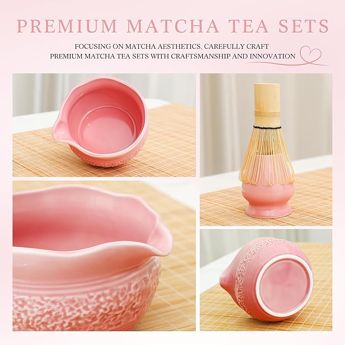 Matcha Whisk Set, Pink Matcha Set, 8 Pcs Complete Ceramic Matcha Making Kit with Bowl, Bamboo Whisk & Holder, Stainless Sifter, Tea Towel, Scoop & Scoop Rest, Perfect for Beginners & Lovers