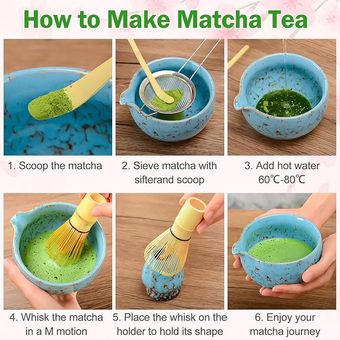 MONOJOY Matcha Whisk Set Ceramic Bowl with Spout Includes Chasen and Holder, Bamboo Scoop, Sifter Kit, Ceremonial Matcha Tea Cute Making Tool Gift Perfect for Matcha Latte Lovers | Beginners, 5pcs