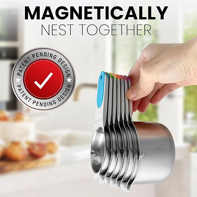 Spring Chef Magnetic Stainless Steel Measuring Cups (Patent Pending), Kitchen Tools with Easy to Read Markings for Measuring Dry or Liquid Ingredients, Set of 7, Neon