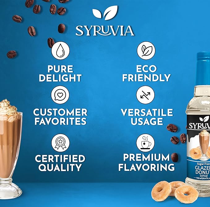 Syruvia Sugar Free Coffee Syrup, Glazed Donut Flavored Syrup for Drinks, Lattes, and Desserts – 25.4 fl oz