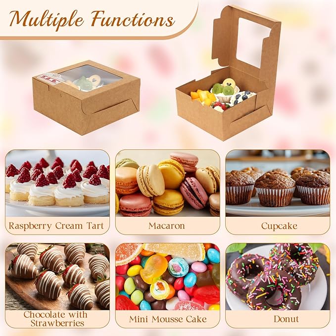 OAMCEG 80 Pack Cookie Boxes with Window, 6x6x3 Inches Brown Bakery Treat Boxes with Stickers & Twine for Pastry, Desserts, Strawberries, Cupcakes, Gift Giving