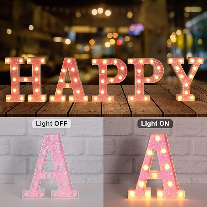 Foaky Pink Light up Letters，Pink Party Decorations,Girls Room Decor,Glitter Light Up Letters,Alphabet Letter Sign for Night Light Birthday Party Girls Gifts, Home Bar Decoration（D）
