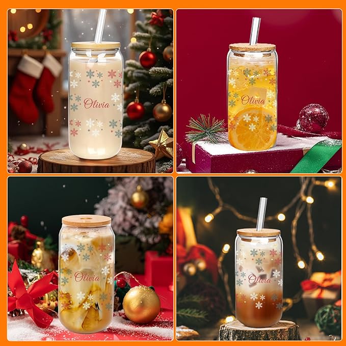 Mason Life Personalised Christmas Cup, 18oz Clear Glass Cups with Lids and Straws，Cute Cups for Women，Snowflake Design, Drinking Cup with Bamboo Lids, Christmas Gifts for Men, Women and Friends