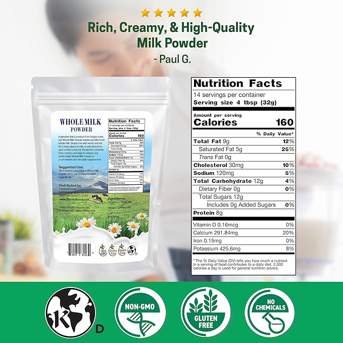 Z Natural Foods Premium Whole Milk Powder - Powdered Milk for Baking, Cooking, Drinks - Dry Milk Powder, Pasteurized, Non-GMO, Gluten-Free, Kosher-Certified, 1 lb