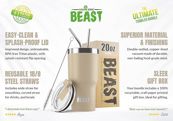 Beast 20 oz Tumbler Stainless Steel Vacuum Insulated Coffee Ice Cup Double Wall Travel Flask (Sand)