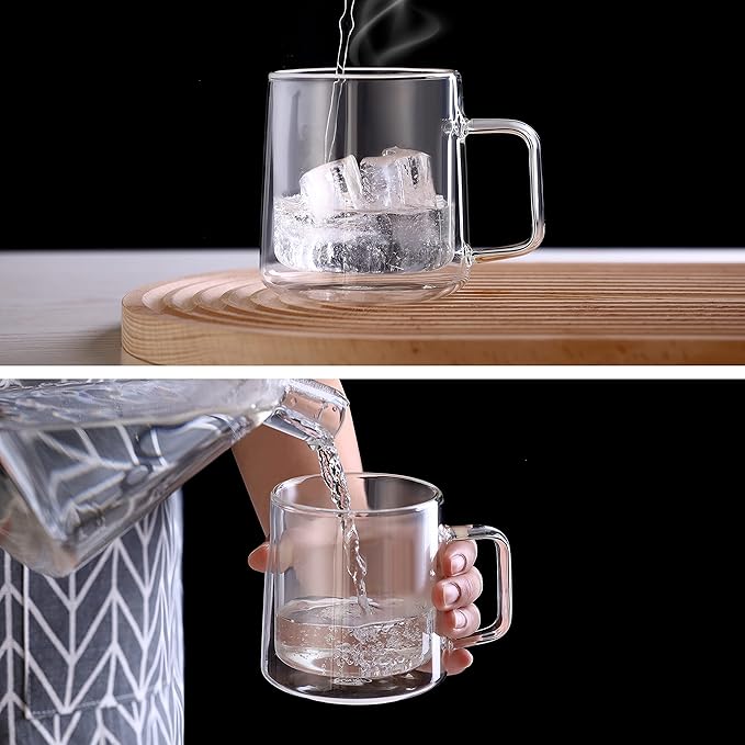 CNGLASS 15.2oz(4-pack) Glass Coffee Mugs,Double Wall Insulated Glass Mugs with Handle,Clear Espresso Mugs for Latte,Cappuccino,Tea Bag