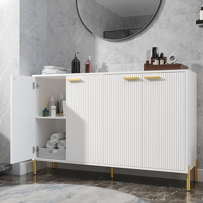White Fluted Sideboard Cabinet - Luxury Buffet Table with 4 Doors, Large Coffee Bar Station for Living Room, Kitchen, Hallway, Entryway Storage