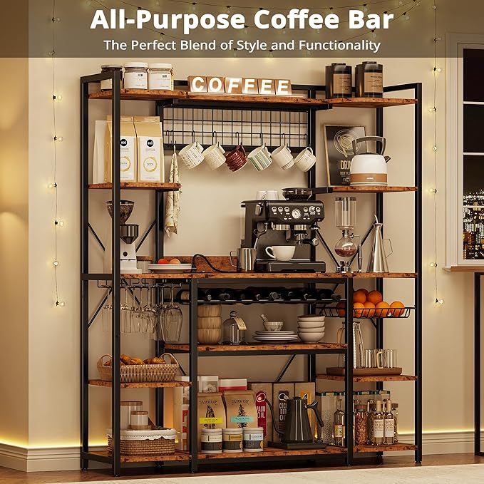 IRONCK Large Bakers Rack with Power Outlet, 62 Inch Wide Microwave Stand, Coffee Bar with Storage, Kitchen Racks and Shelves