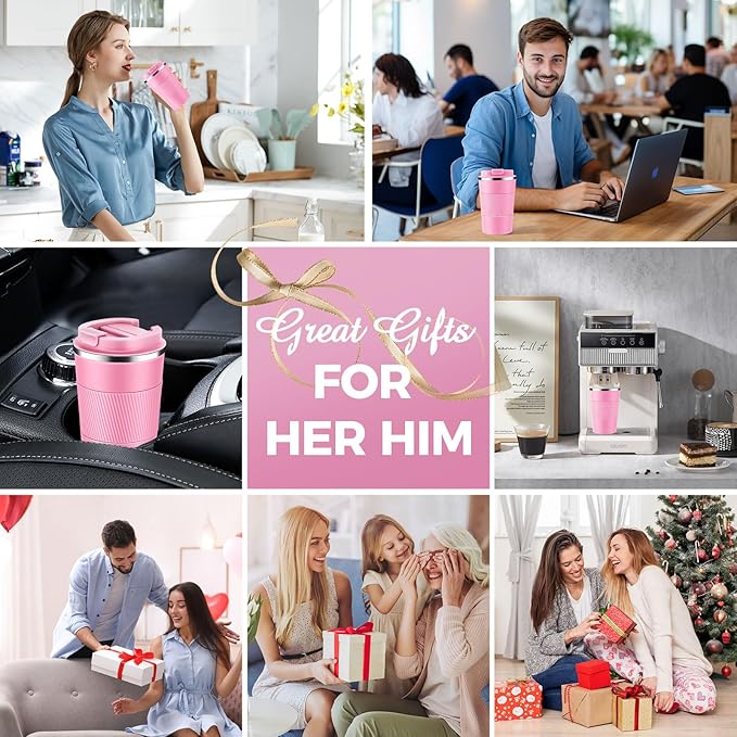 Volhoply 13 oz Stainless Steel Insulated Travel Coffee Mug with Fip Lid Bulk 2 Pack,Reusable Double Wall Vacuum Metal Coffee Cup,Portable Leak Proof Thermal Tumbler for Hot & Cold Drinks(Pink,2)