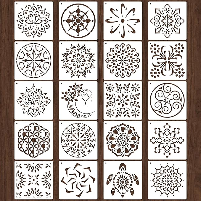 20 Pcs 4x4'' Mandala Stencils for Painting on Wood, Floor, Wall, Tile Fabric, Reusable Furniture Stencils Painting Template Mandala Template for DIY Rock Art Projects Decoration