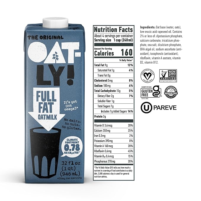 Oatly Full Fat Oatmilk – Creamy, Plant-Based Whole Milk Alternative | Dairy-Free, Vegan, Shelf-Stable, Non-GMO & Glyphosate Residue-Free | Only 1g Saturated Fat (32 oz, 6-Pack)