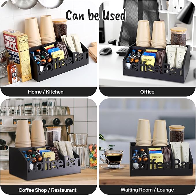 Coffee Bar Organizer for Countertop – Wooden Coffee and Tea Station Caddy with Tray for Pods, Cups, Condiments, and Accessories – Kitchen or Office Counter Storage (Medium Size -Black)