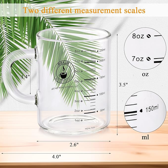8 Oz Glass Measuring Cup Espresso shot glasses Clear Coffee Mugs for Hot or Cold Glass Expresso Small Coffee Cup with Glass Handle High Borosilicate Glass Cup (Colorful)