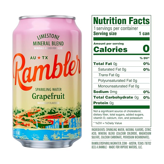 AUTX RAMBLER Sparkling Water, Texas Limestone Mineral Blend, Grapefruit Flavor, 12-Ounce Cans, Three 8-Packs (24 Cans)