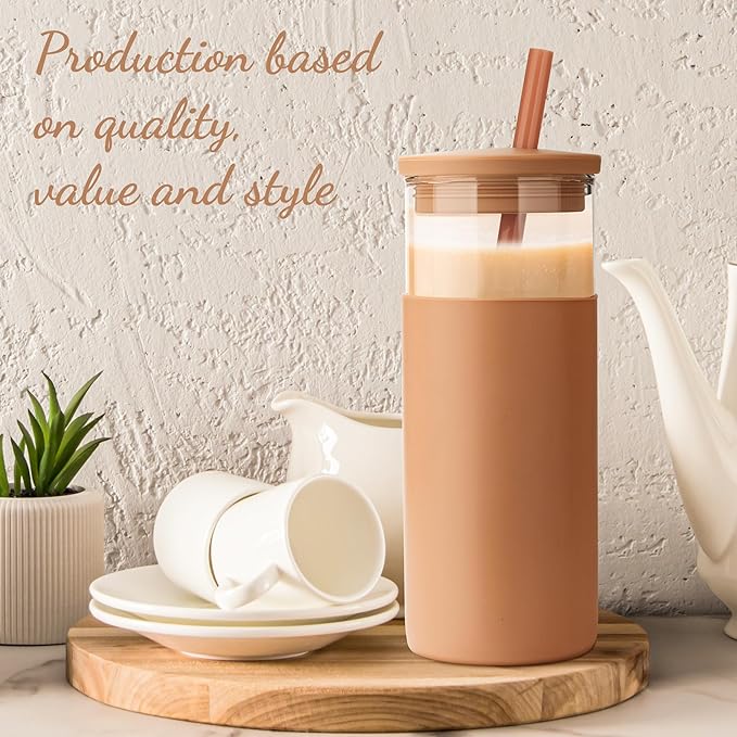 Tronco 20 oz Glass Tumbler With Lids and Straws, Reusable Smoothie Cups With Silicone Lid, Iced Coffee Cup With Silicone Protective Sleeve, Dishwasher Safe- BPA Free（Black 1 Count）